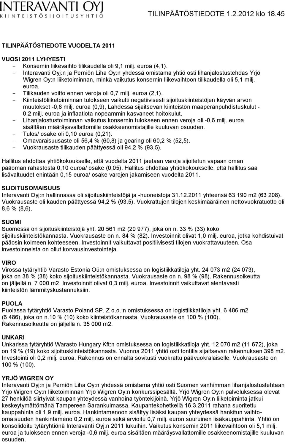 - Tilikauden voitto ennen veroja oli 0,7 milj. euroa (2,1). - Kiinteistöliiketoiminnan tulokseen vaikutti negatiivisesti sijoituskiinteistöjen käyvän arvon muutokset -0,8 milj.