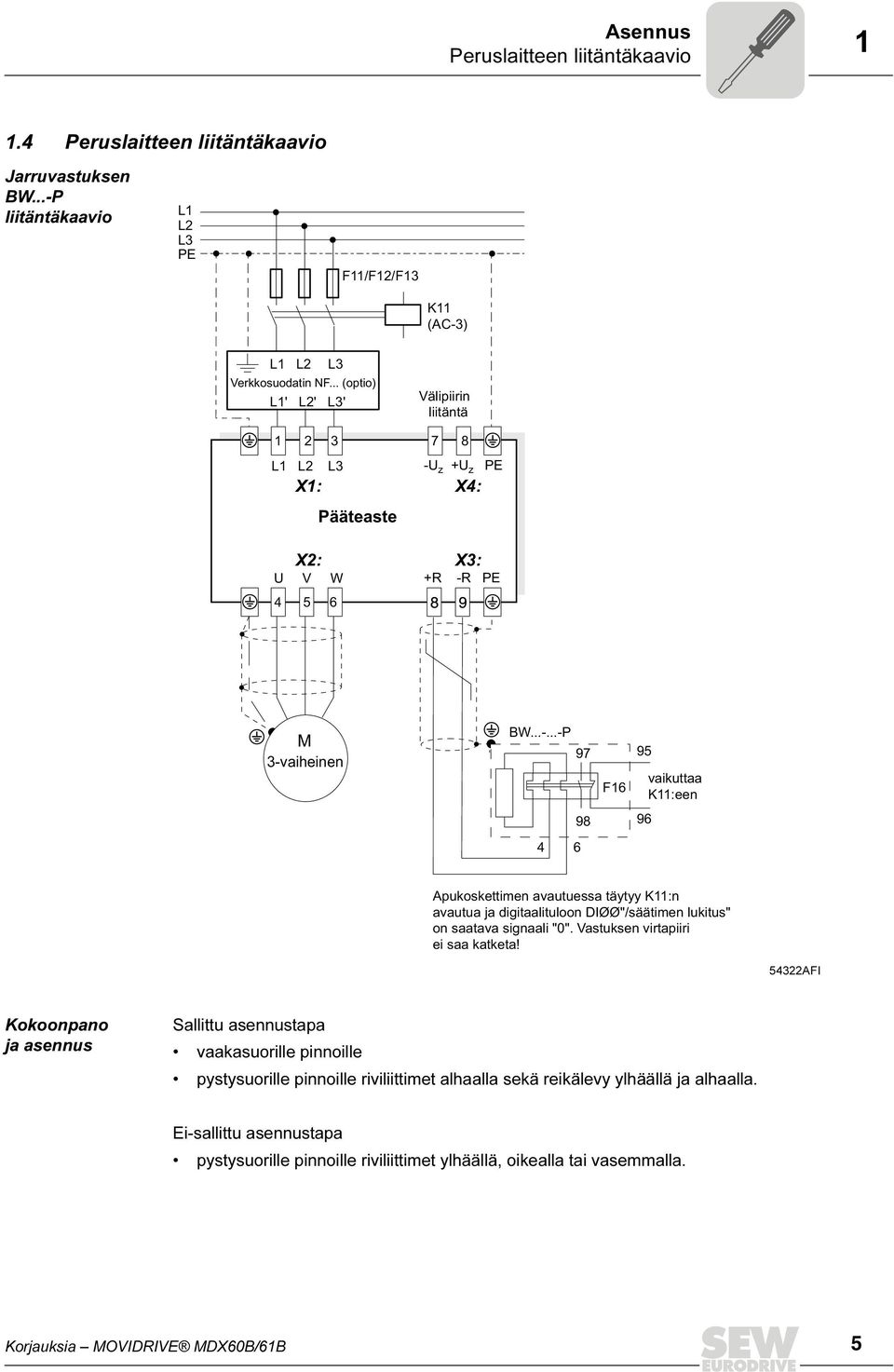 z +U z PE X4: X3: U V W +R -R PE M 3-vaiheinen BW...-...-P 4 97 95 6 F6 98 96 vaikuttaa K:een Apukoskettimen avautuessa täytyy K:n avautua ja digitaalituloon DIØØ"/säätimen lukitus" on saatava signaali "0".