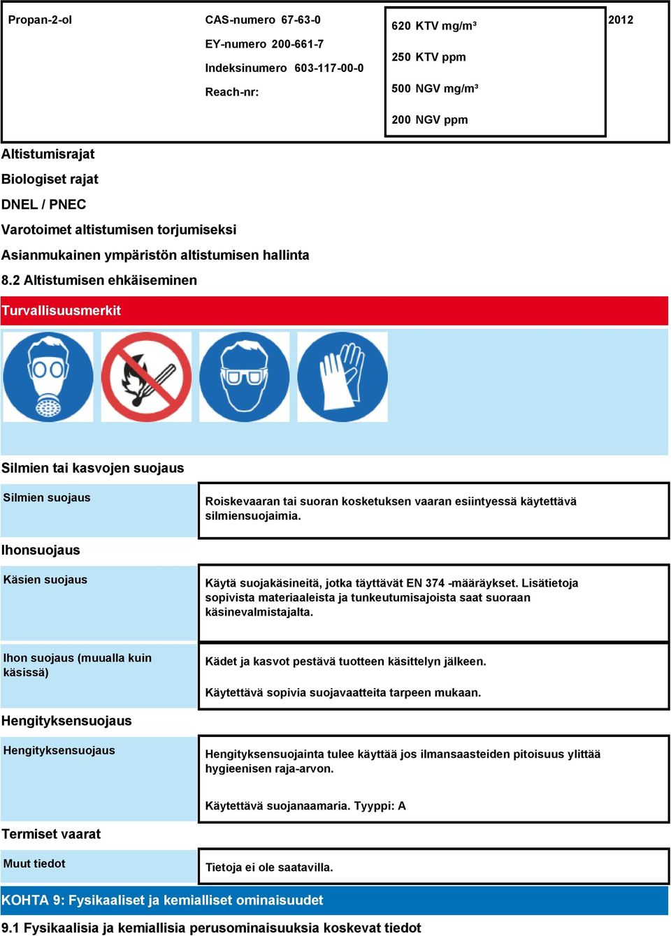 2 Altistumisen ehkäiseminen Turvallisuusmerkit Silmien tai kasvojen suojaus Silmien suojaus Roiskevaaran tai suoran kosketuksen vaaran esiintyessä käytettävä silmiensuojaimia.