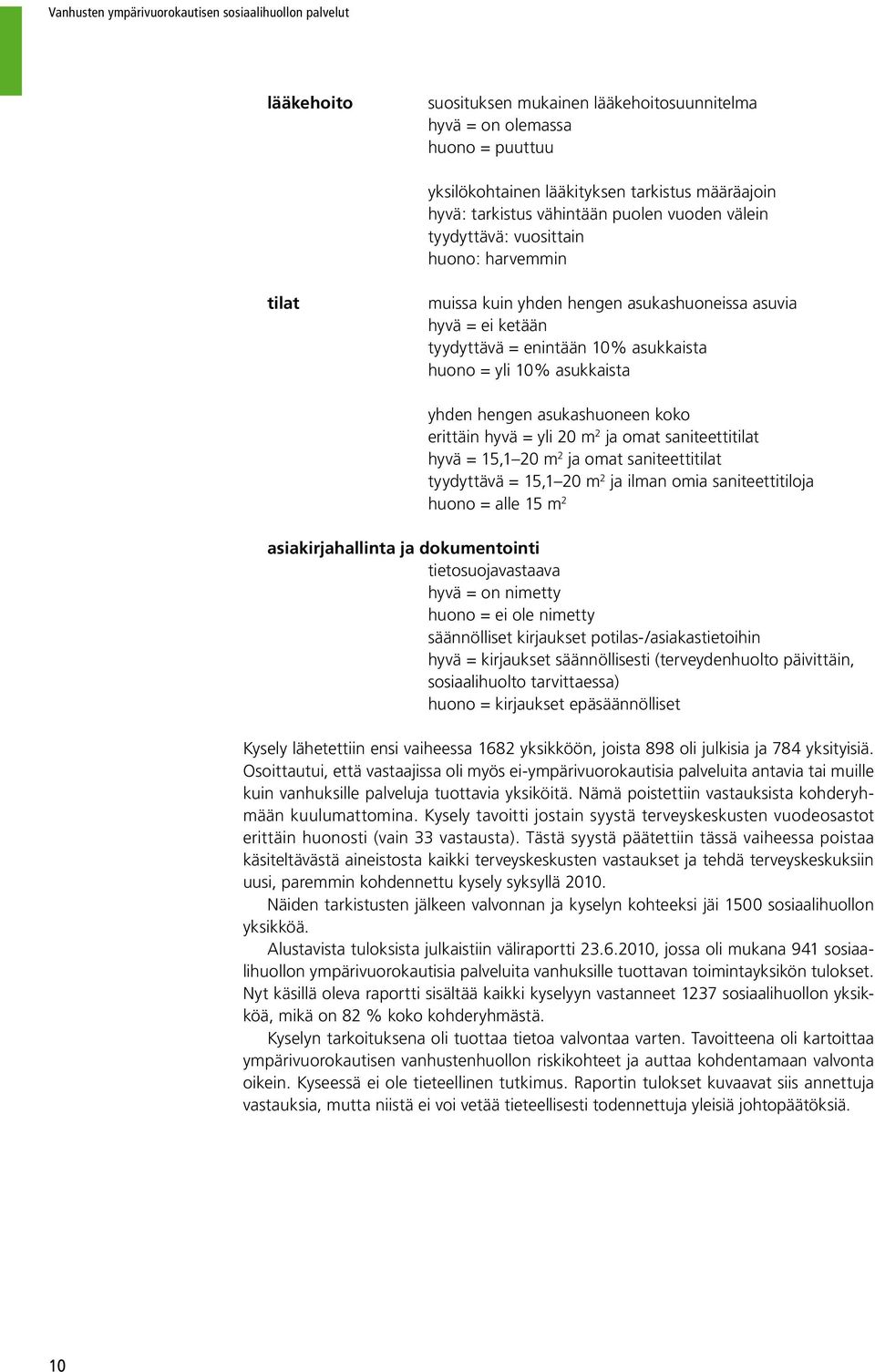 erittäin hyvä = yli 20 m 2 ja omat saniteettitilat hyvä = 15,1 20 m 2 ja omat saniteettitilat tyydyttävä = 15,1 20 m 2 ja ilman omia saniteettitiloja huono = alle 15 m 2 asiakirjahallinta ja