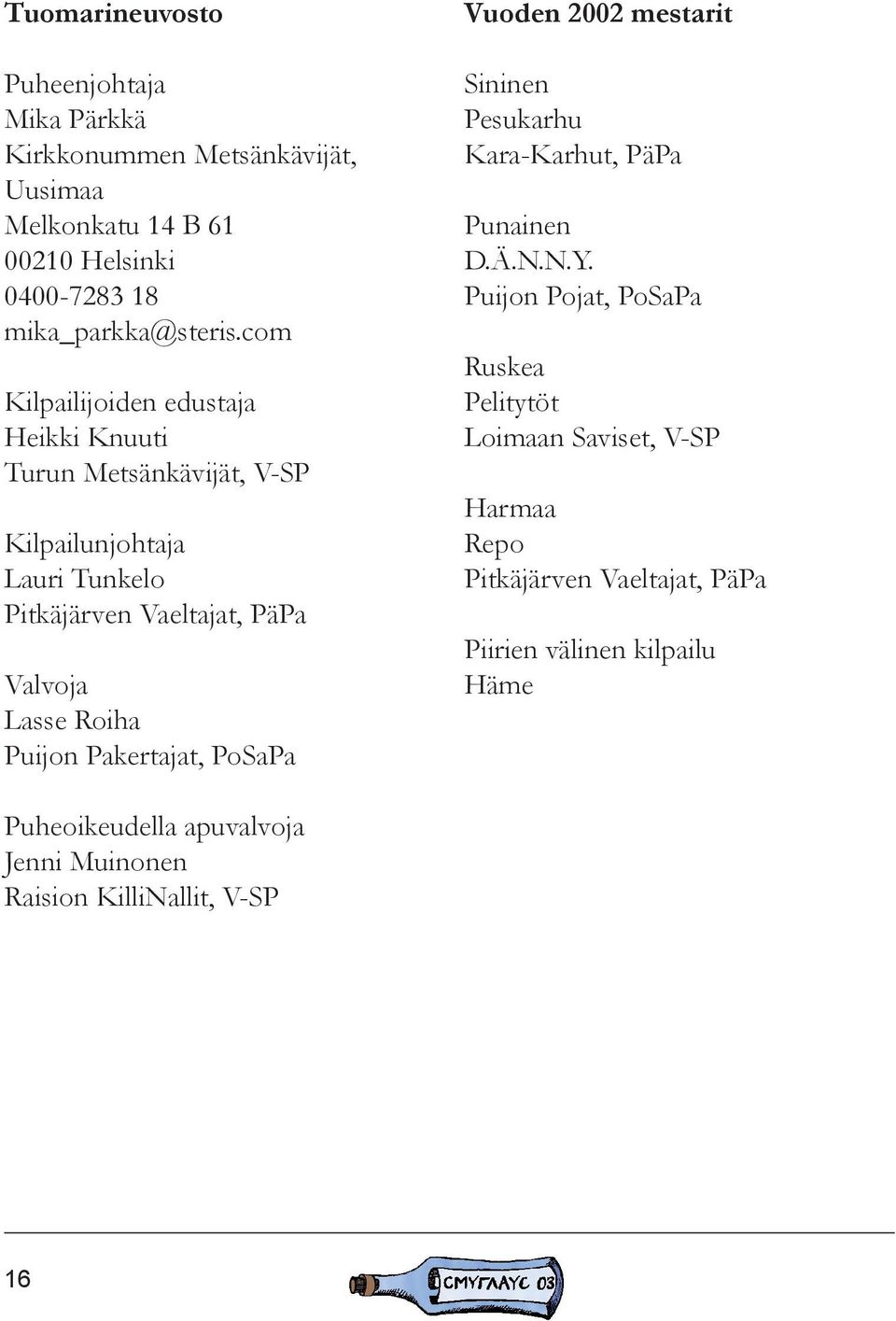 Puijon Pakertajat, PoSaPa Vuoden 2002 mestarit Sininen Pesukarhu Kara-Karhut, PäPa Punainen D.Ä.N.N.Y.