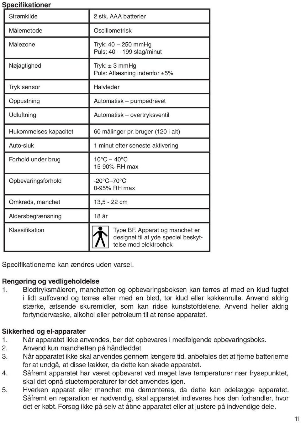 bruger (120 i alt) 1 minut efter seneste aktivering Forhold under brug 10 C 40 C 15-90% RH max Opbevaringsforhold Omkreds, manchet Aldersbegrænsning Klassifikation -20 C 70 C 0-95% RH max 13,5-22 cm
