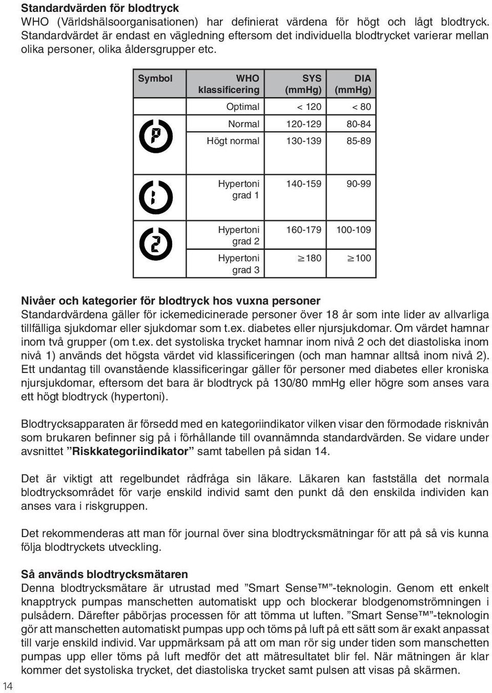 Symbol WHO klassificering SYS (mmhg) DIA (mmhg) Optimal < 120 < 80 Normal 120-129 80-84 Högt normal 130-139 85-89 Hypertoni (No Symbol) 140-159 90-99 grad 1 (No Symb Hypertoni grad 2 Hypertoni grad 3
