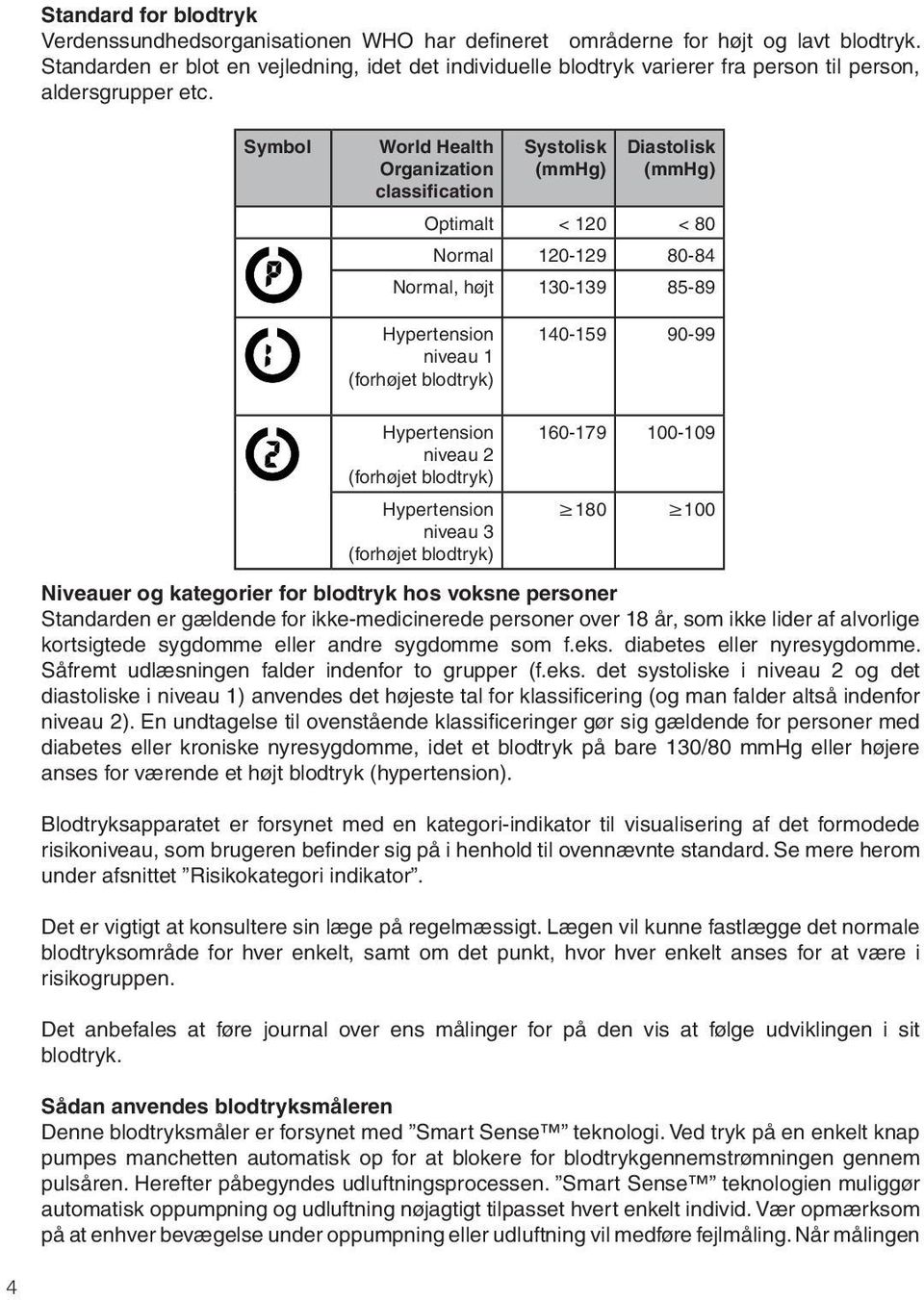 Symbol World Health Organization classification Systolisk (mmhg) Diastolisk (mmhg) Optimalt < 120 < 80 Normal 120-129 80-84 Normal, højt 130-139 85-89 Hypertension 140-159 90-99 niveau (No Symbol) 1