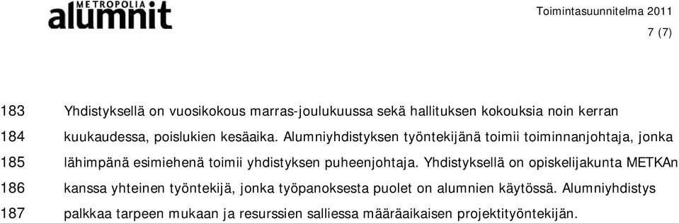 Alumniyhdistyksen työntekijänä toimii toiminnanjohtaja, jonka lähimpänä esimiehenä toimii yhdistyksen puheenjohtaja.