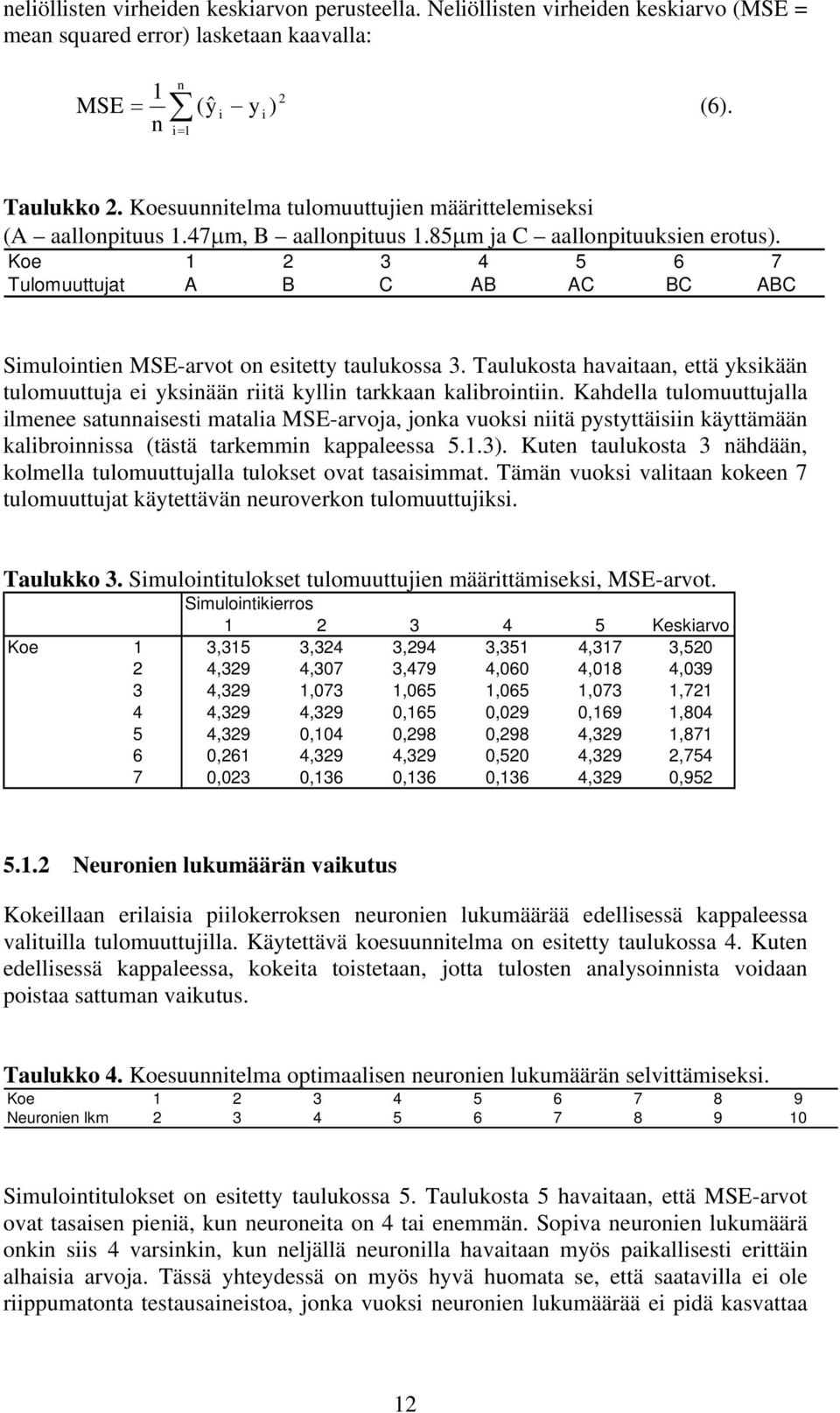 Koe 1 2 3 4 5 6 7 Tulomuuttujat A B C AB AC BC ABC Simulointien MSE-arvot on esitetty taulukossa 3. Taulukosta havaitaan, että yksikään tulomuuttuja ei yksinään riitä kyllin tarkkaan kalibrointiin.