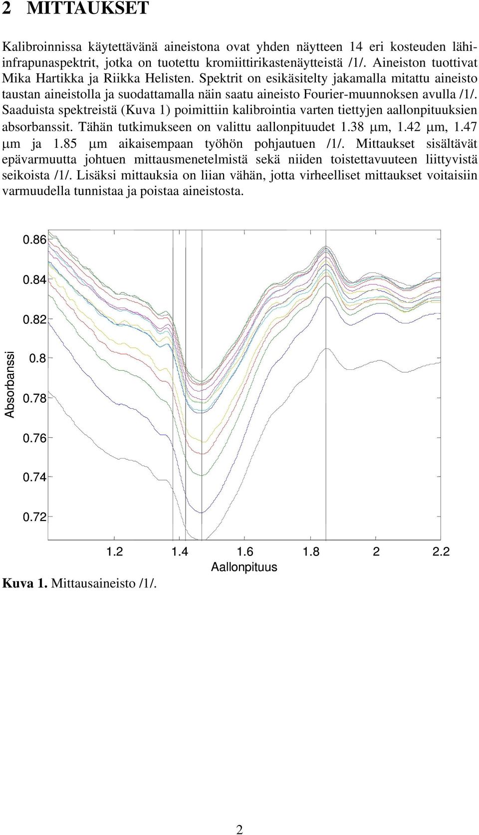 Saaduista spektreistä (Kuva 1) poimittiin kalibrointia varten tiettyjen aallonpituuksien absorbanssit. Tähän tutkimukseen on valittu aallonpituudet 1.38 µm, 1.42 µm, 1.47 µm ja 1.