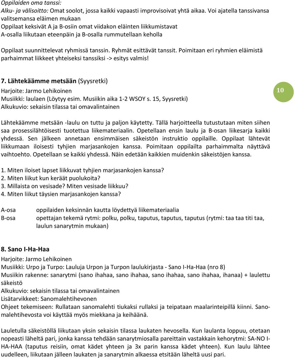 suunnittelevat ryhmissä tanssin. Ryhmät esittävät tanssit. Poimitaan eri ryhmien eläimistä parhaimmat liikkeet yhteiseksi tanssiksi -> esitys valmis! 7.