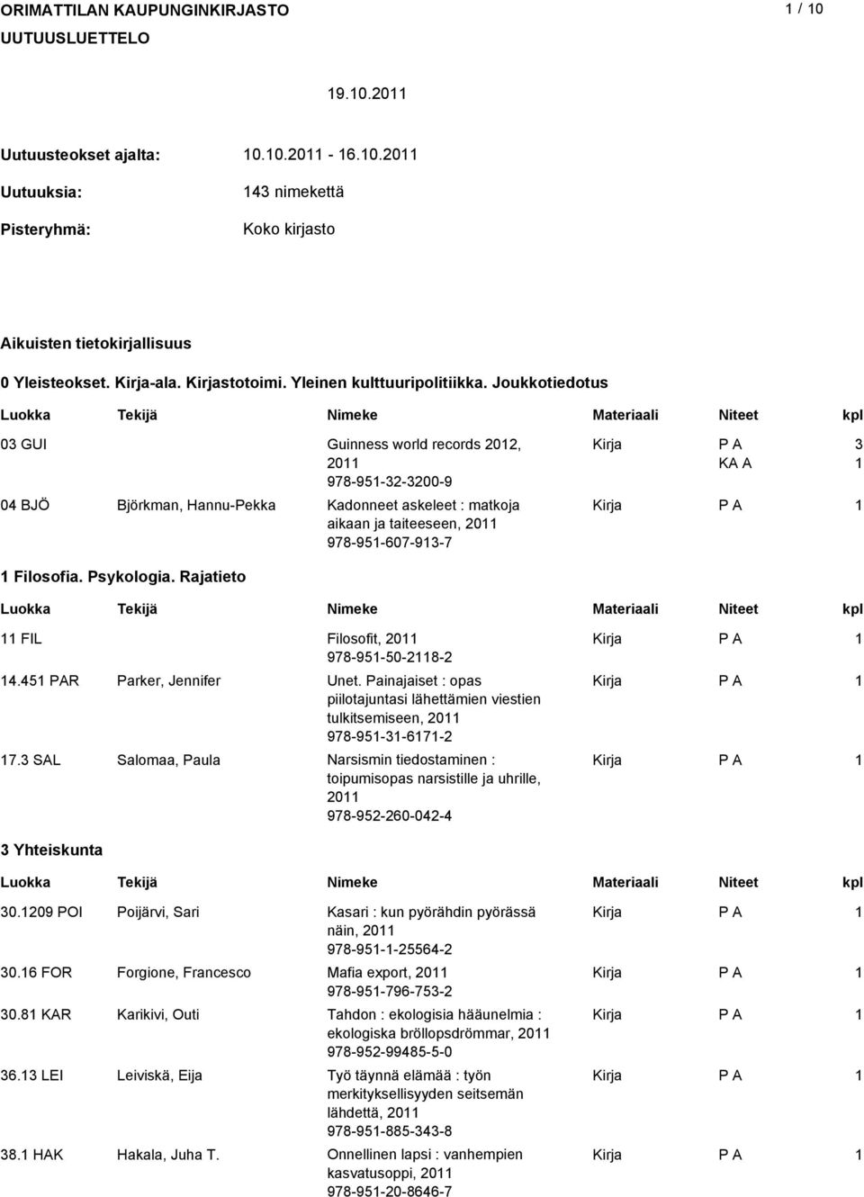 Psykologia. Rajatieto FIL Filosofit, 0 978-95-50-8- 4.45 PAR Parker, Jennifer Unet. Painajaiset : opas piilotajuntasi lähettämien viestien tulkitsemiseen, 0 978-95--67-7.