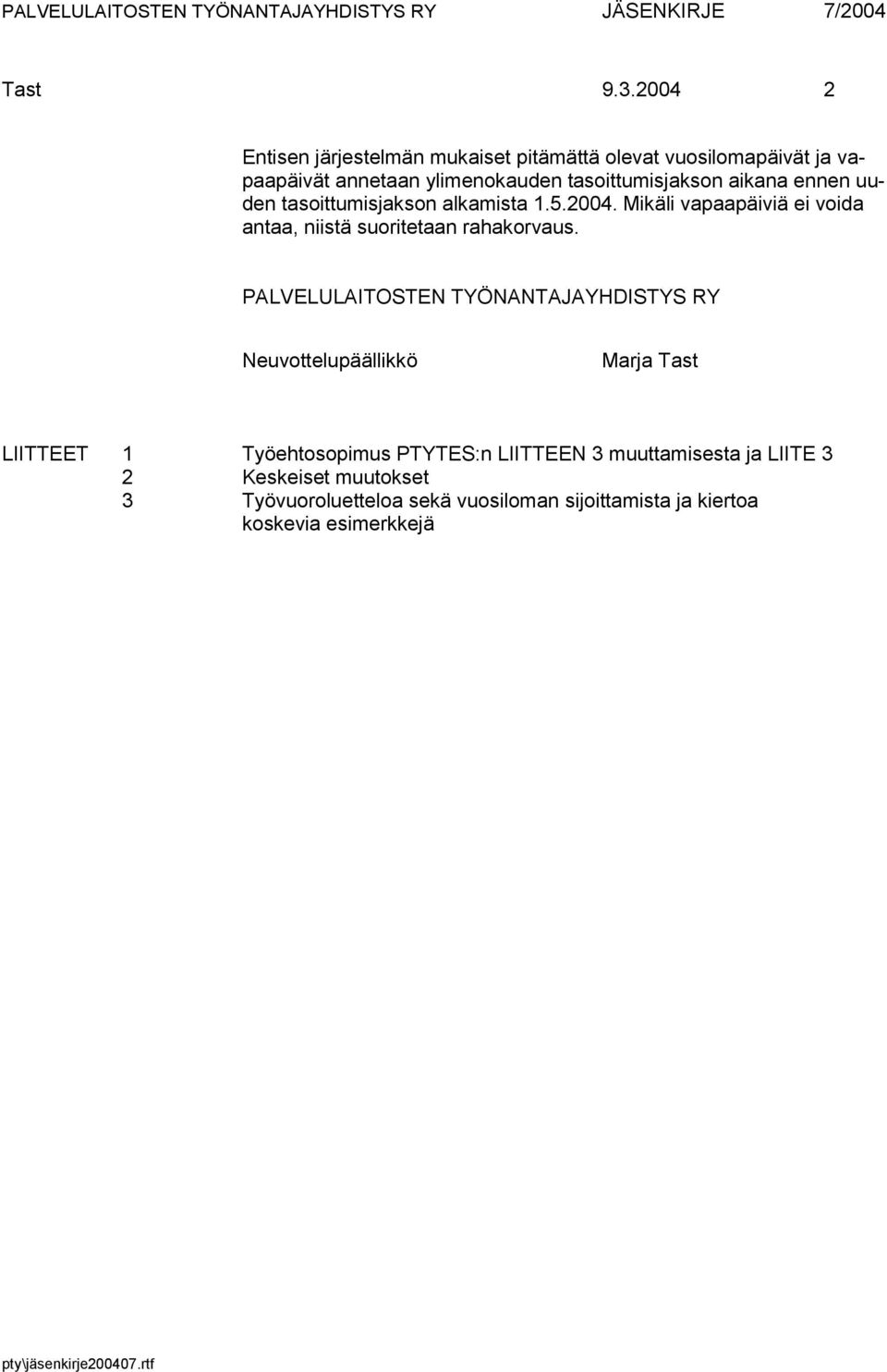 tasoittumisjakson alkamista 1.5.2004. Mikäli vapaapäiviä ei voida antaa, niistä suoritetaan rahakorvaus.