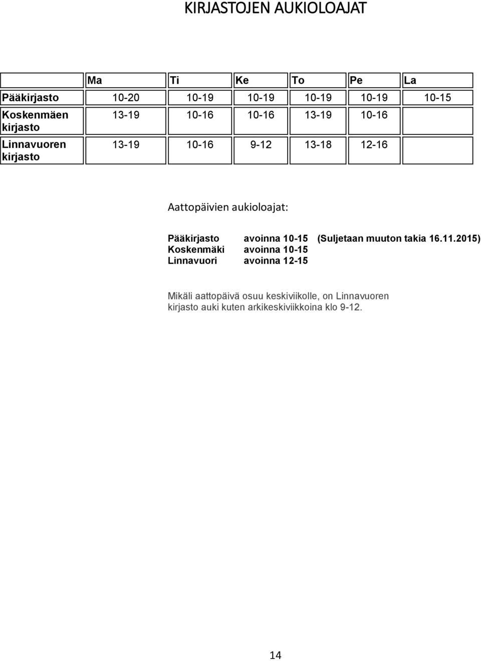 aukioloajat: Pääkirjasto avoinna 10-15 (Suljetaan muuton takia 16.11.