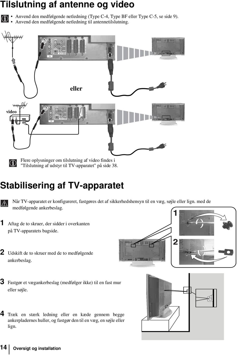 Stabilisering af TV-apparatet Når TV-apparatet er konfigureret, fastgøres det af sikkerhedshensyn til en væg, søjle eller lign. med de medfølgende ankerbeslag.