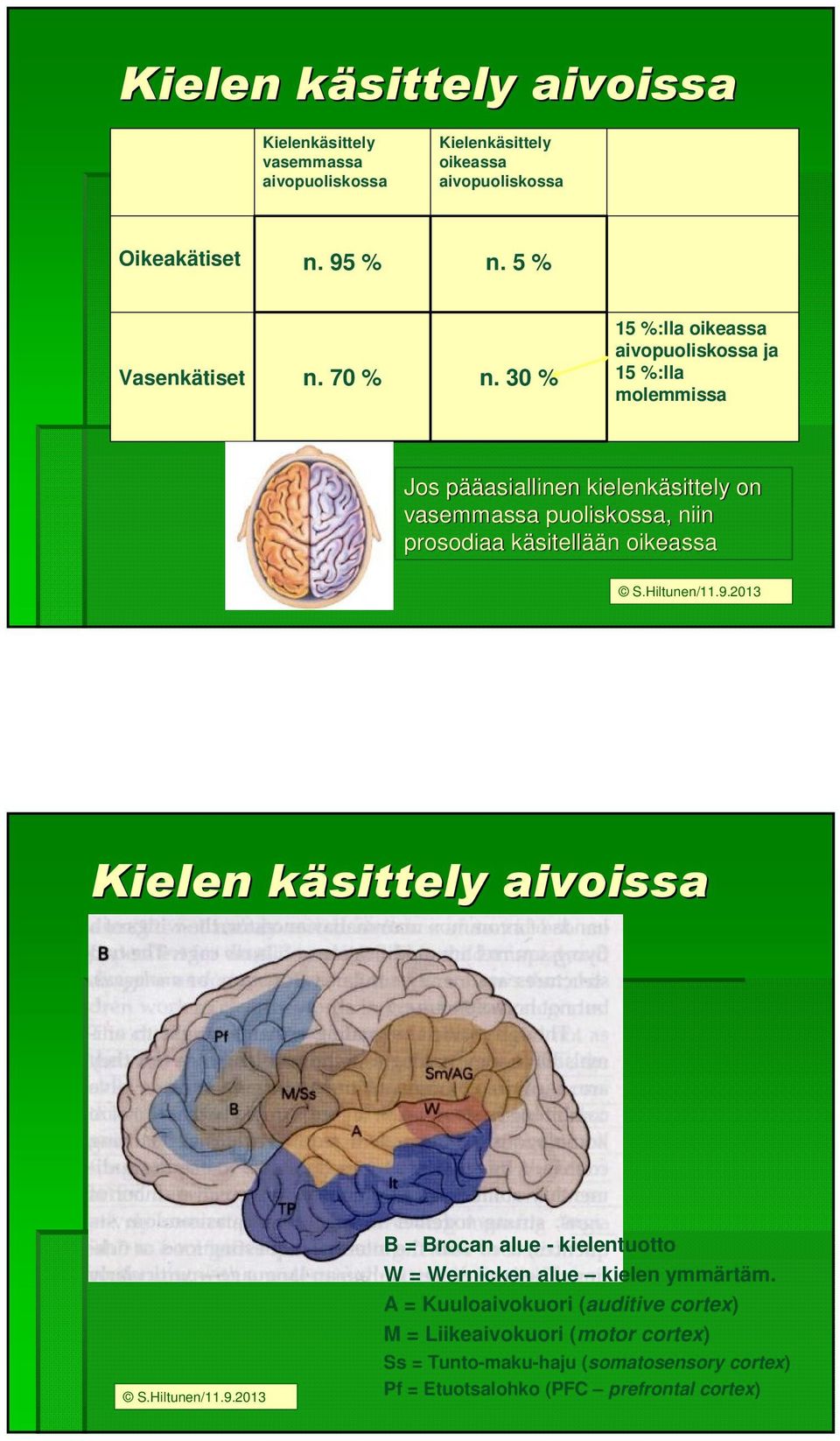 30 % 15 %:lla oikeassa aivopuoliskossa ja 15 %:lla molemmissa Jos pääp ääasiallinen kielenkäsittely on vasemmassa puoliskossa, niin prosodiaa