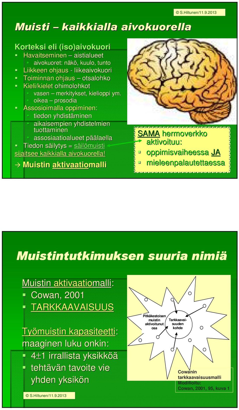 oikea prosodia Assosioimalla oppiminen: tiedon yhdistäminen aikaisempien yhdistelmien tuottaminen assosiaatioalueet pääp äälaella Tiedon säilytys s = säilömuisti sijaitsee kaikkialla aivokuorella!