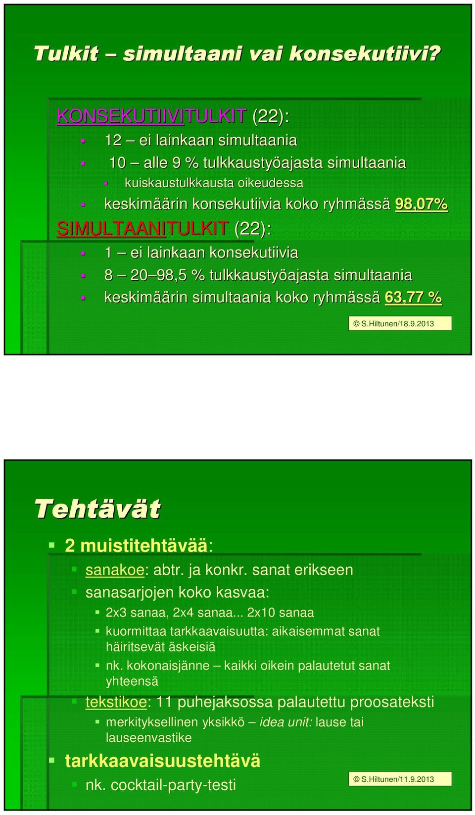 SIMULTAANITULKIT TULKIT (22): 1 ei lainkaan konsekutiivia 8 20 98,5 % tulkkaustyöajasta ajasta simultaania keskimää äärin simultaania koko ryhmäss ssä 63,77 % S.Hiltunen/18.9.2013 Tehtävät 2 muistitehtävää: sanakoe: abtr.