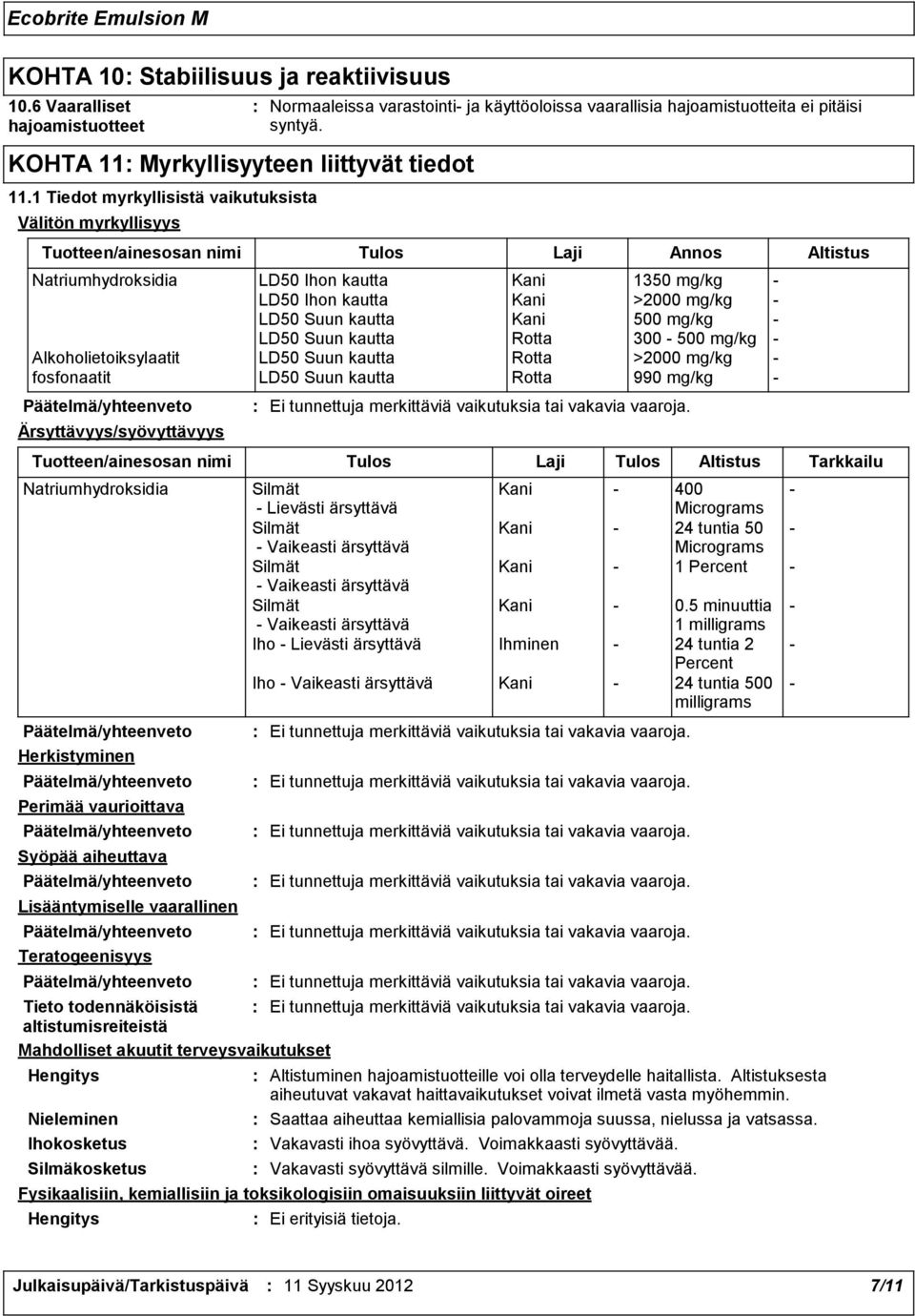 Tuotteen/ainesosan nimi Tulos Laji Annos Altistus Natriumhydroksidia LD50 Ihon kautta Kani 1350 mg/kg - LD50 Ihon kautta Kani >2000 mg/kg - LD50 Suun kautta Kani 500 mg/kg - LD50 Suun kautta Rotta