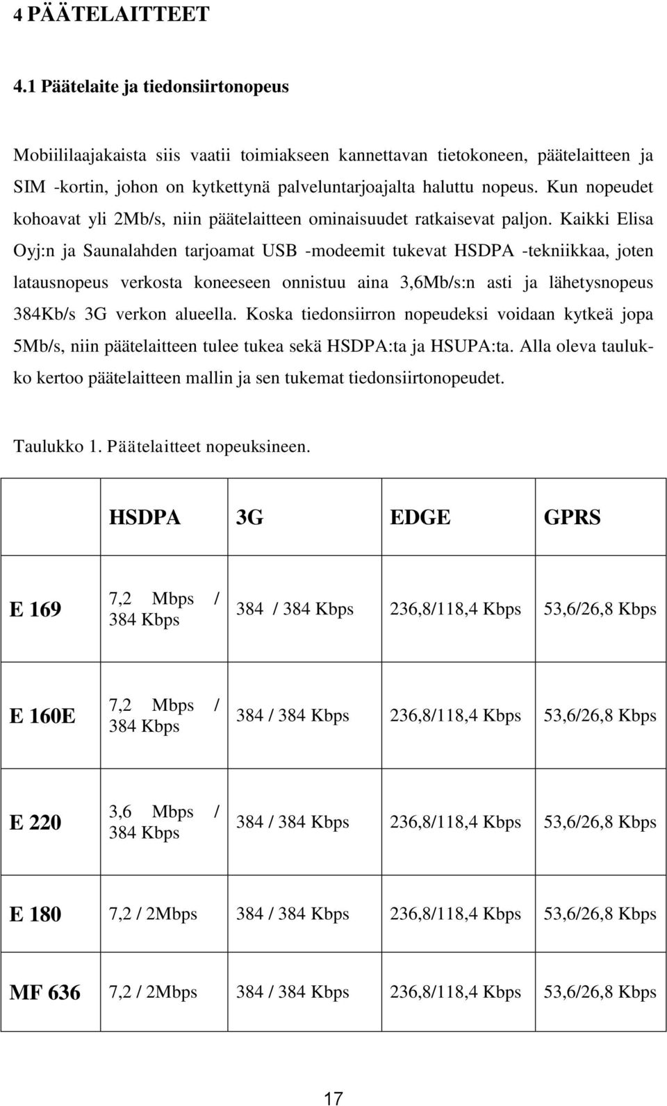 Kun nopeudet kohoavat yli 2Mb/s, niin päätelaitteen ominaisuudet ratkaisevat paljon.