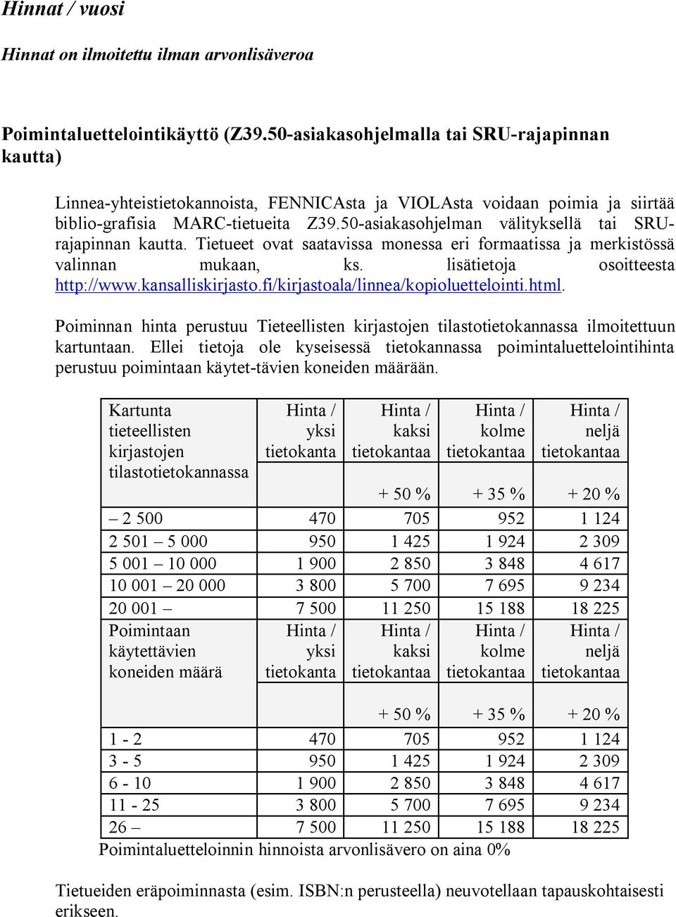 50-asiakasohjelman välityksellä tai SRUrajapinnan kautta. Tietueet ovat saatavissa monessa eri formaatissa ja merkistössä valinnan mukaan, ks. lisätietoja osoitteesta http://www.kansalliskirjasto.