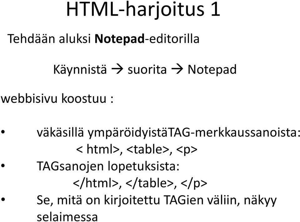 ympäröidyistätag-merkkaussanoista: < html>, <table>, <p>