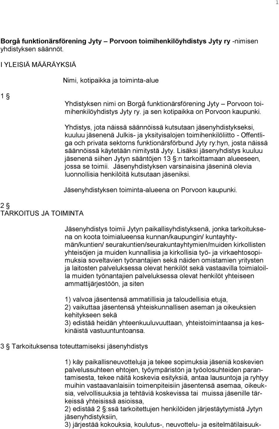2 TARKOITUS JA TOIMINTA Yhdistys, jota näissä säännöissä kutsutaan jäsenyhdistykseksi, kuuluu jäsenenä Julkis- ja yksityisalojen toimihenkilöliitto - Offentliga och privata sektorns