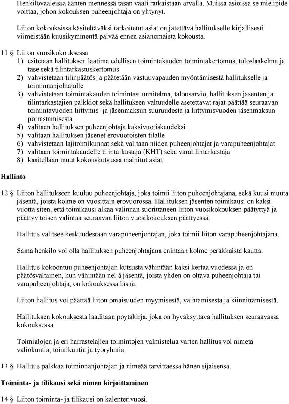 11 Liiton vuosikokouksessa 1) esitetään hallituksen laatima edellisen toimintakauden toimintakertomus, tuloslaskelma ja tase sekä tilintarkastuskertomus 2) vahvistetaan tilinpäätös ja päätetään