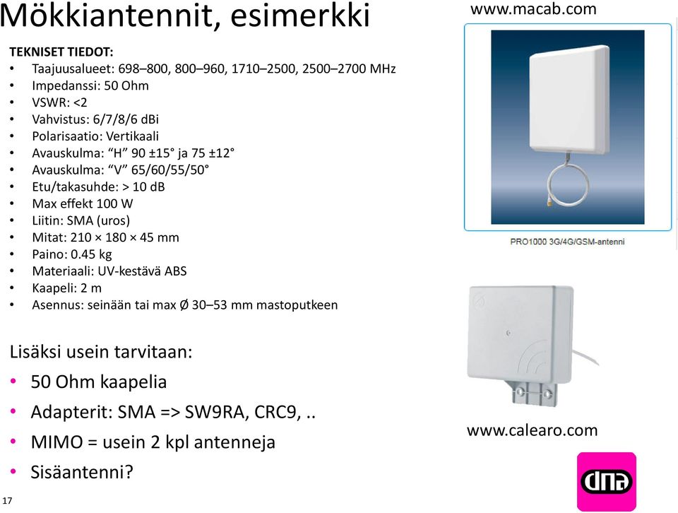 Polarisaatio: Vertikaali Avauskulma: H 90 ±15 ja 75 ±12 Avauskulma: V 65/60/55/50 Etu/takasuhde: > 10 db Max effekt 100 W Liitin: SMA (uros)