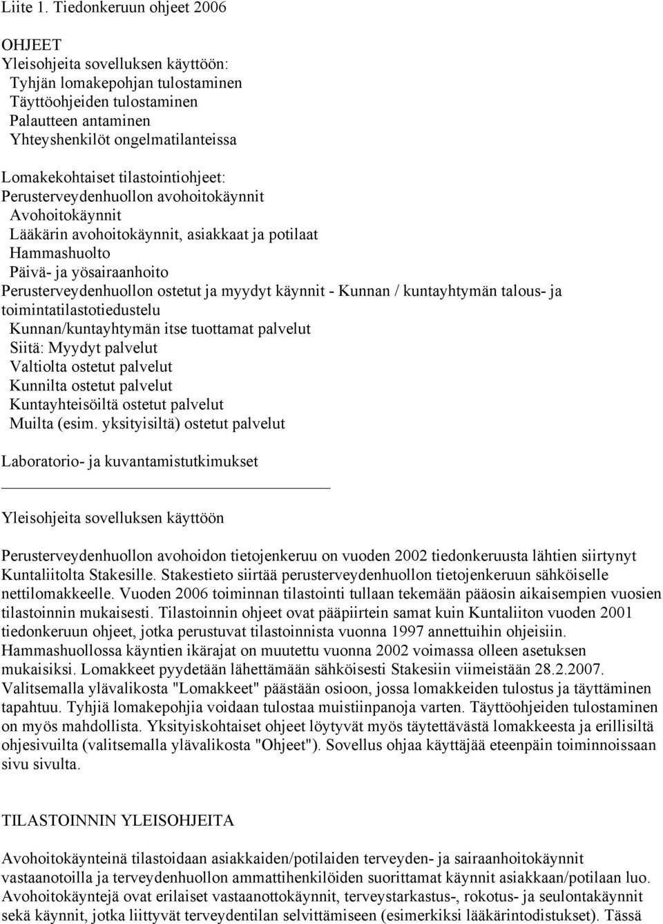 tilastointiohjeet: Perusterveydenhuollon avohoitokäynnit Avohoitokäynnit Lääkärin avohoitokäynnit, asiakkaat ja potilaat Hammashuolto Päivä- ja yösairaanhoito Perusterveydenhuollon ostetut ja myydyt