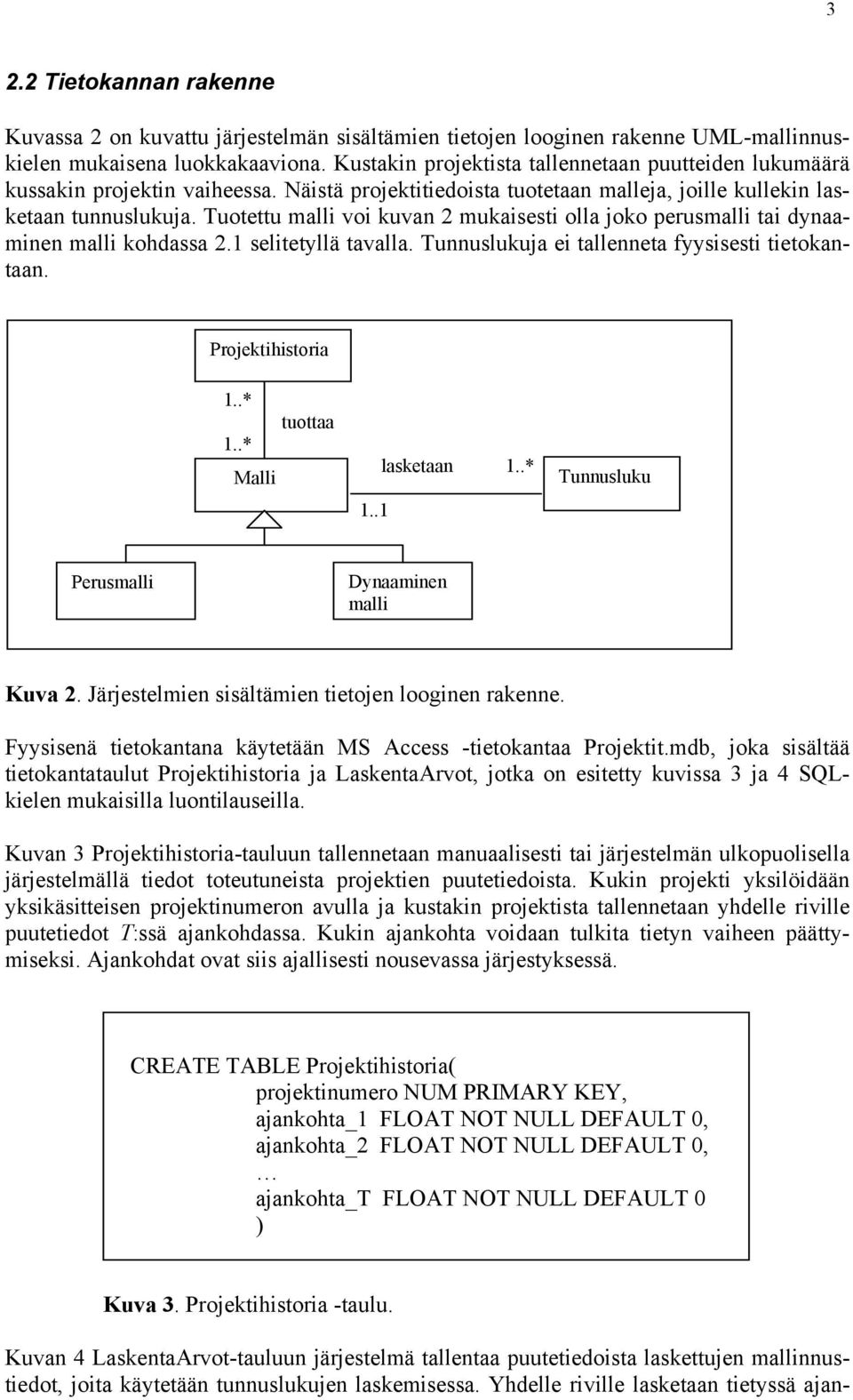 Tuotettu malli voi kuvan 2 mukaisesti olla joko perusmalli tai dynaaminen malli kohdassa 2.1 selitetyllä tavalla. Tunnuslukuja ei tallenneta fyysisesti tietokantaan. Projektihistoria 1..* tuottaa 1.