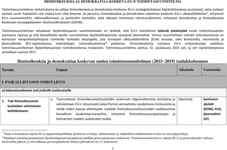 Se perustuu ihmisoikeuksia ja demokratian tukemista koskeviin EU:n ulkopolitiikkoihin 7, erityisesti EU:n suuntaviivoihin, välinevalikoimaan ja sovittuihin kantoihin, sekä ulkoisen toiminnan