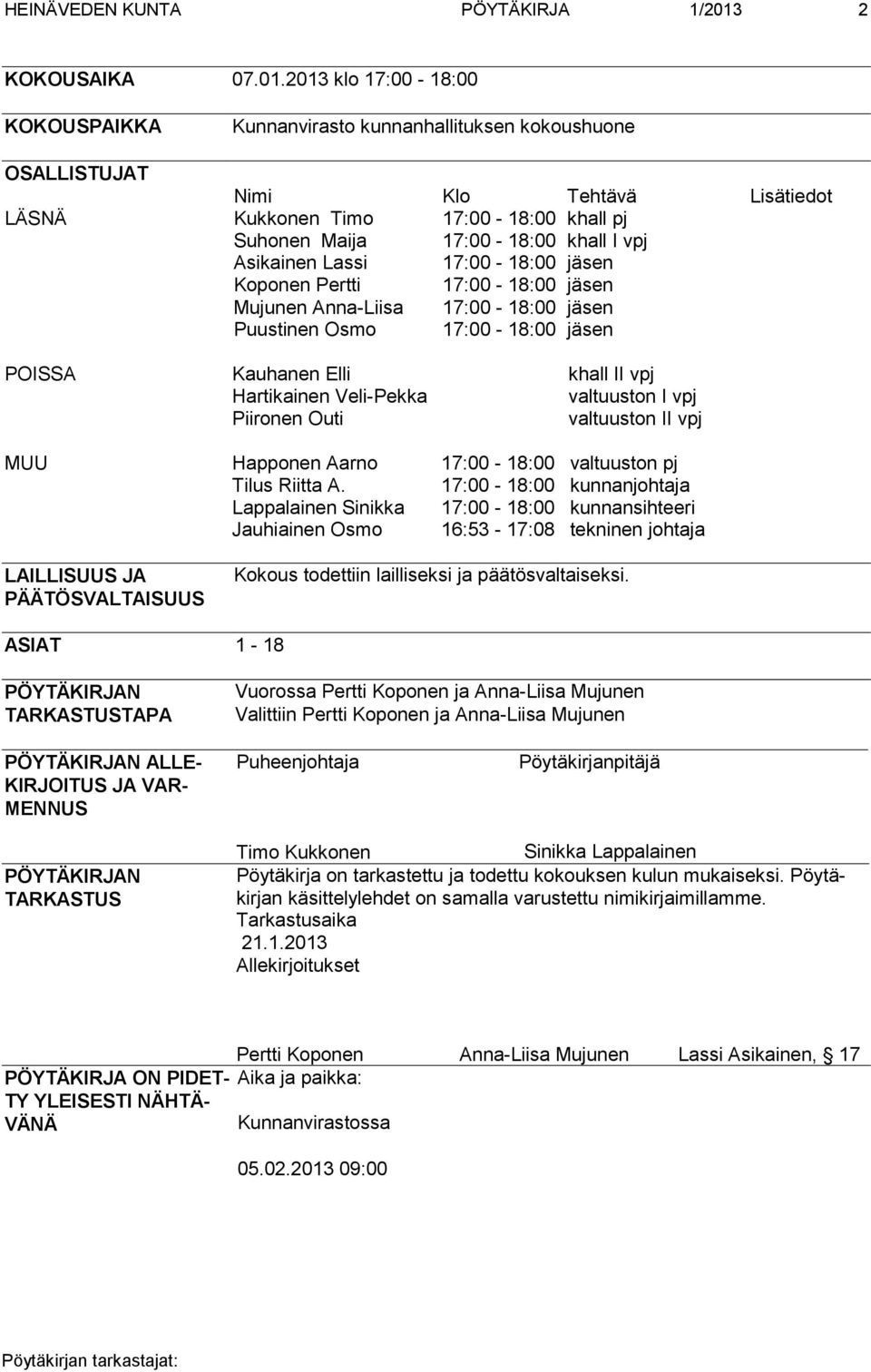 2013 klo 17:00-18:00 KOKOUSPAIKKA Kunnanvirasto kunnanhallituksen kokoushuone OSALLISTUJAT Nimi Klo Tehtävä Lisätiedot LÄSNÄ Kukkonen Timo 17:00-18:00 khall pj Suhonen Maija 17:00-18:00 khall I vpj