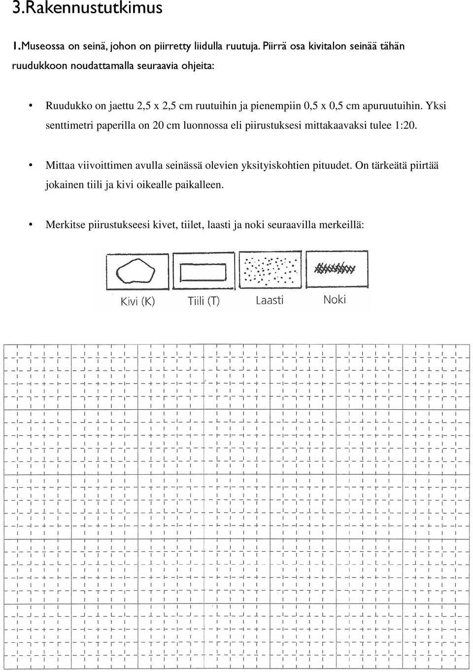 0,5 x 0,5 cm apuruutuihin. Yksi senttimetri paperilla on 20 cm luonnossa eli piirustuksesi mittakaavaksi tulee 1:20.