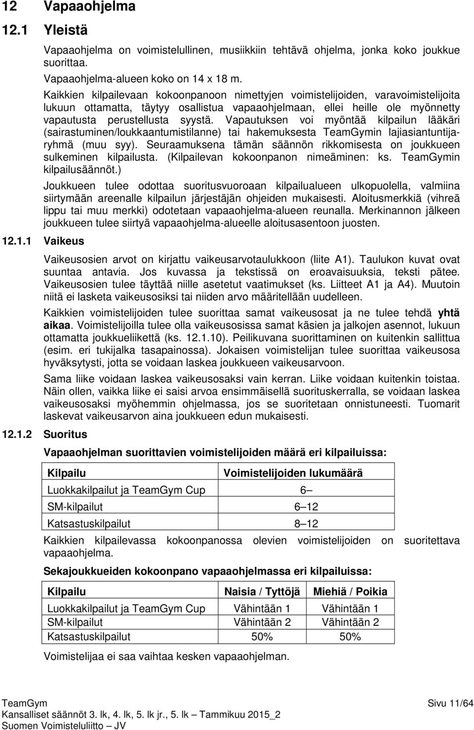 Vapautuksen voi myöntää kilpailun lääkäri (sairastuminen/loukkaantumistilanne) tai hakemuksesta TeamGymin lajiasiantuntijaryhmä (muu syy).