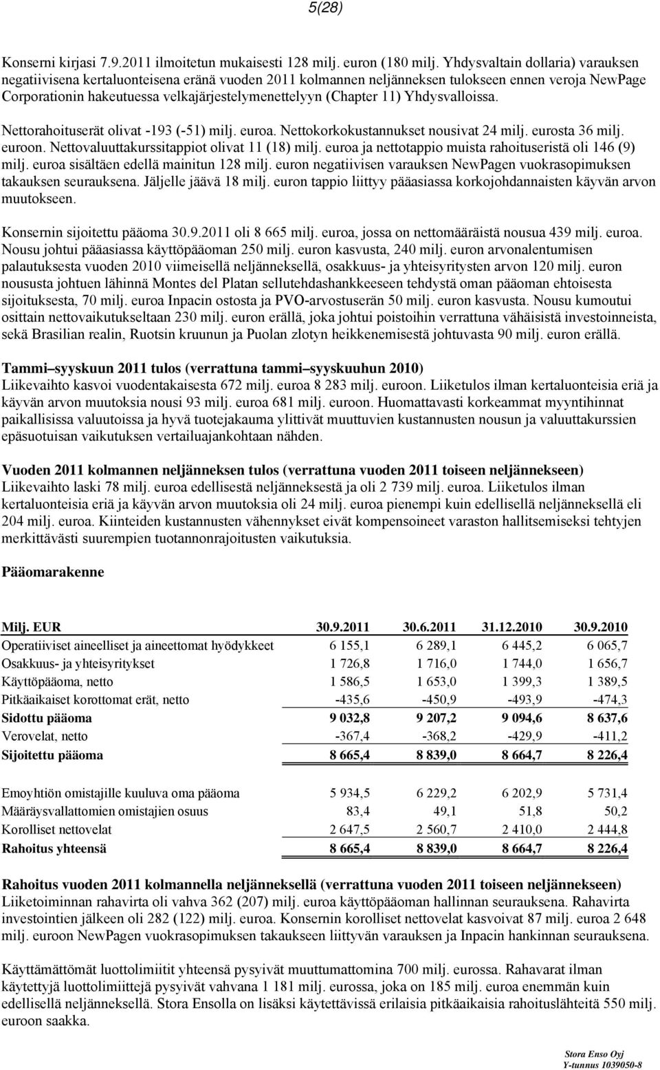 11) Yhdysvalloissa. Nettorahoituserät olivat -193 (-51) milj. euroa. Nettokorkokustannukset nousivat 24 milj. eurosta 36 milj. euroon. Nettovaluuttakurssitappiot olivat 11 (18) milj.