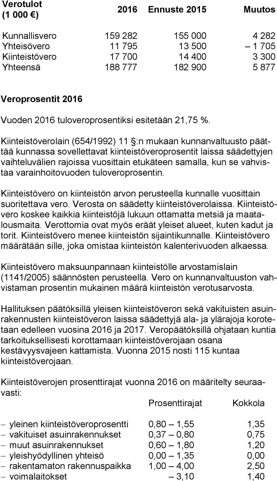 Kiinteistöverolain (654/1992) 11 :n mukaan kunnanvaltuusto päättää kunnassa sovellettavat kiinteistöveroprosentit laissa säädettyjen vaih te lu vä lien rajoissa vuosittain etukäteen samalla, kun se