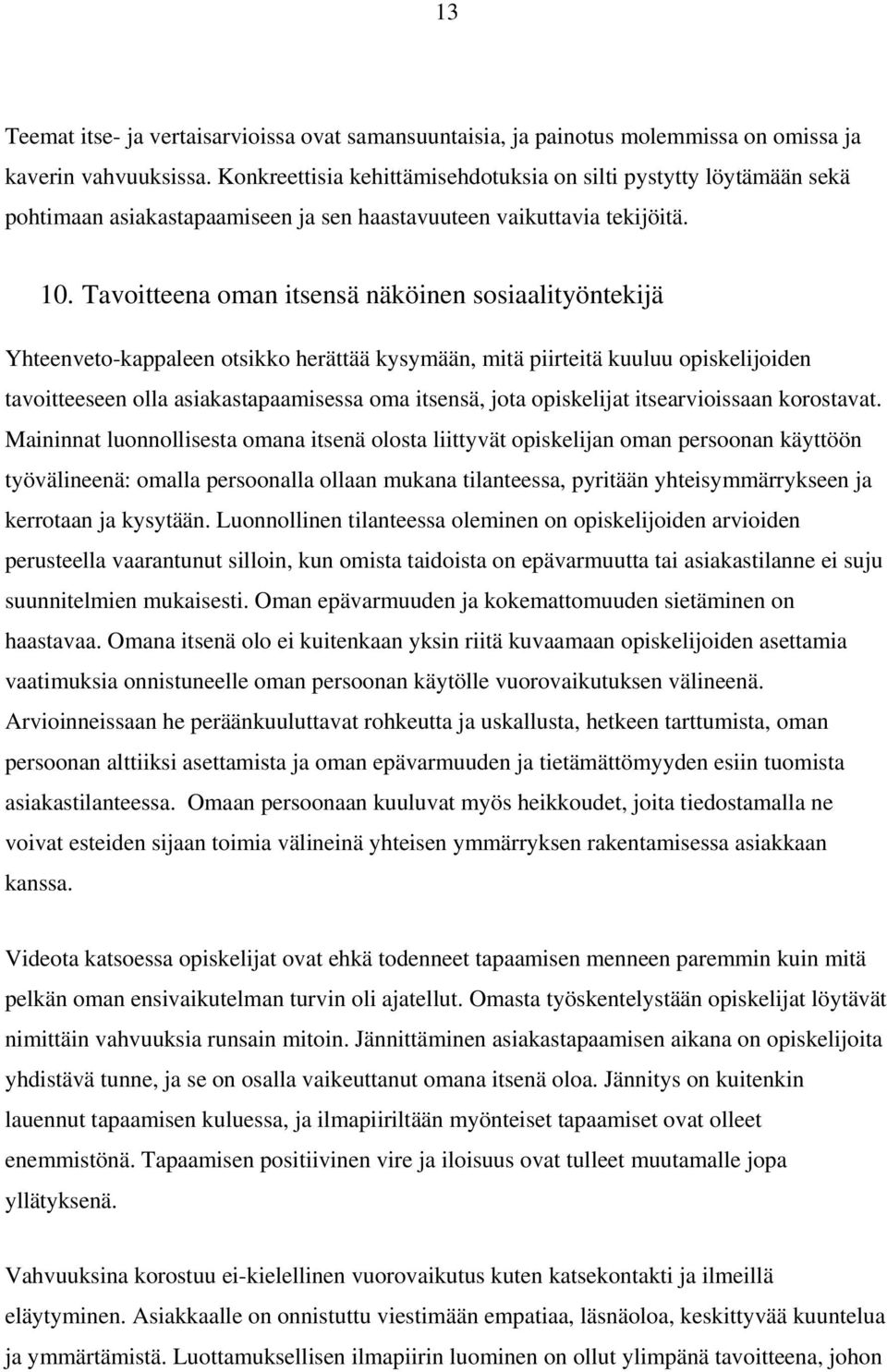 Tavoitteena oman itsensä näköinen sosiaalityöntekijä Yhteenveto-kappaleen otsikko herättää kysymään, mitä piirteitä kuuluu opiskelijoiden tavoitteeseen olla asiakastapaamisessa oma itsensä, jota