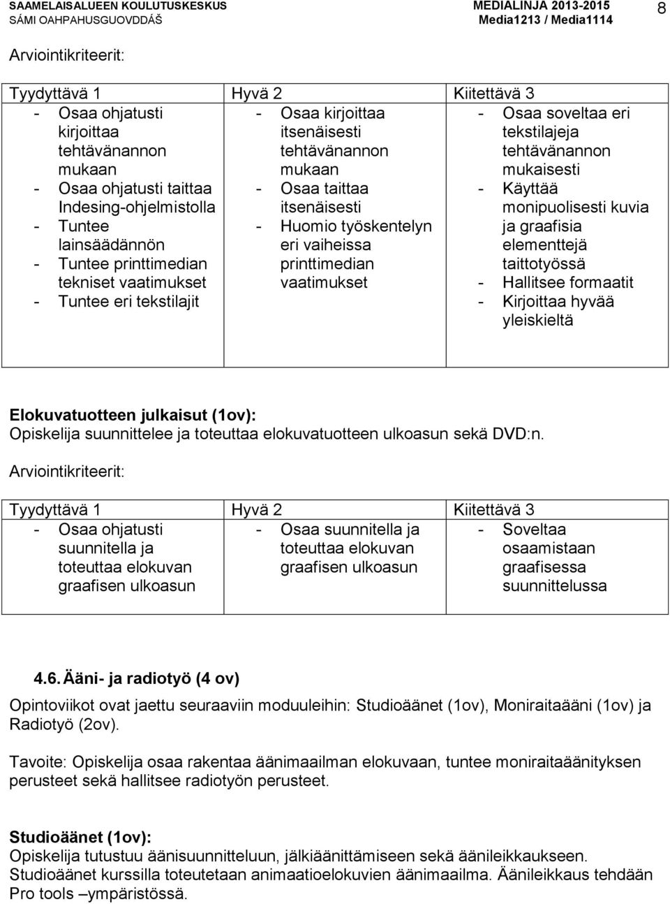 printtimedian taittotyössä tekniset vaatimukset vaatimukset - Hallitsee formaatit - Tuntee eri tekstilajit - Kirjoittaa hyvää yleiskieltä Elokuvatuotteen julkaisut (1ov): Opiskelija suunnittelee ja