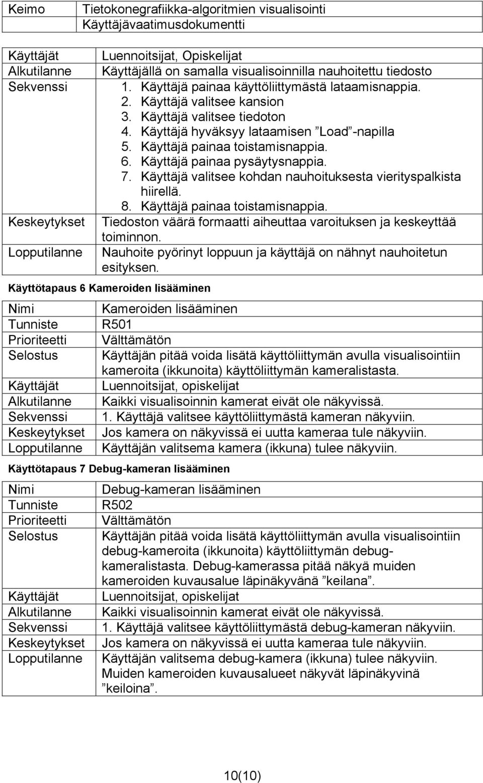 Käyttäjä valitsee kohdan nauhoituksesta vierityspalkista hiirellä. 8. Käyttäjä painaa toistamisnappia. Tiedoston väärä formaatti aiheuttaa varoituksen ja keskeyttää toiminnon.