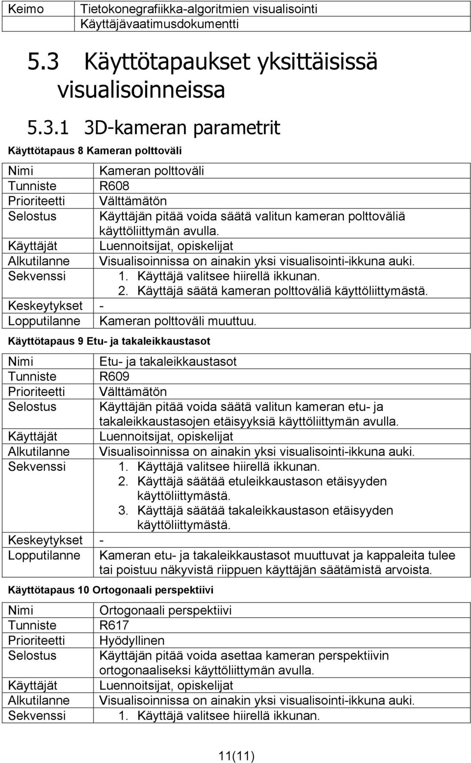 Käyttötapaus 9 Etu- ja takaleikkaustasot Etu- ja takaleikkaustasot R609 Käyttäjän pitää voida säätä valitun kameran etu- ja takaleikkaustasojen etäisyyksiä käyttöliittymän avulla.