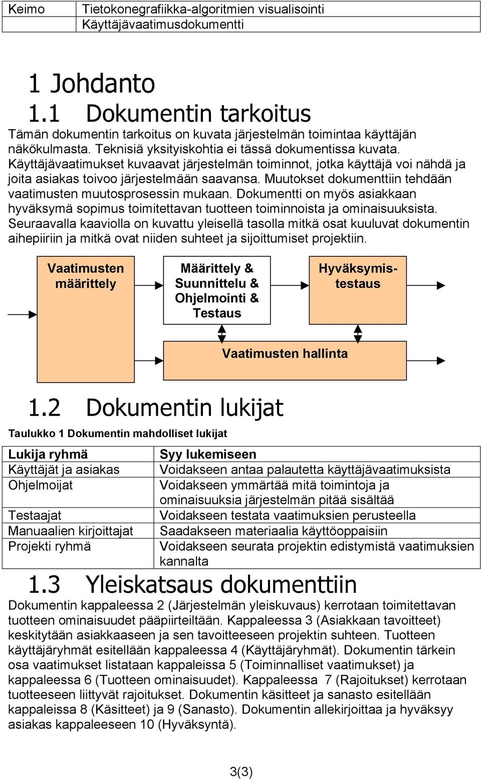 Dokumentti on myös asiakkaan hyväksymä sopimus toimitettavan tuotteen toiminnoista ja ominaisuuksista.