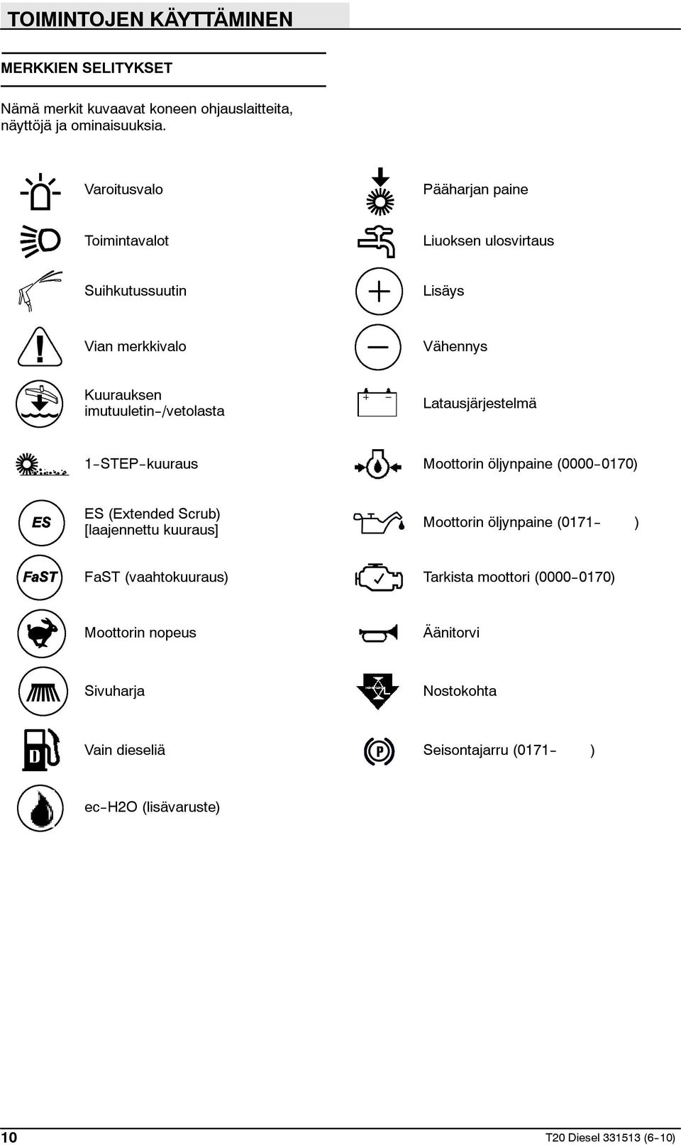 Latausjärjestelmä 1--STEP--kuuraus Moottorin öljynpaine (0000--0170) ES (Extended Scrub) [laajennettu kuuraus] Moottorin öljynpaine (0171-- ) FaST