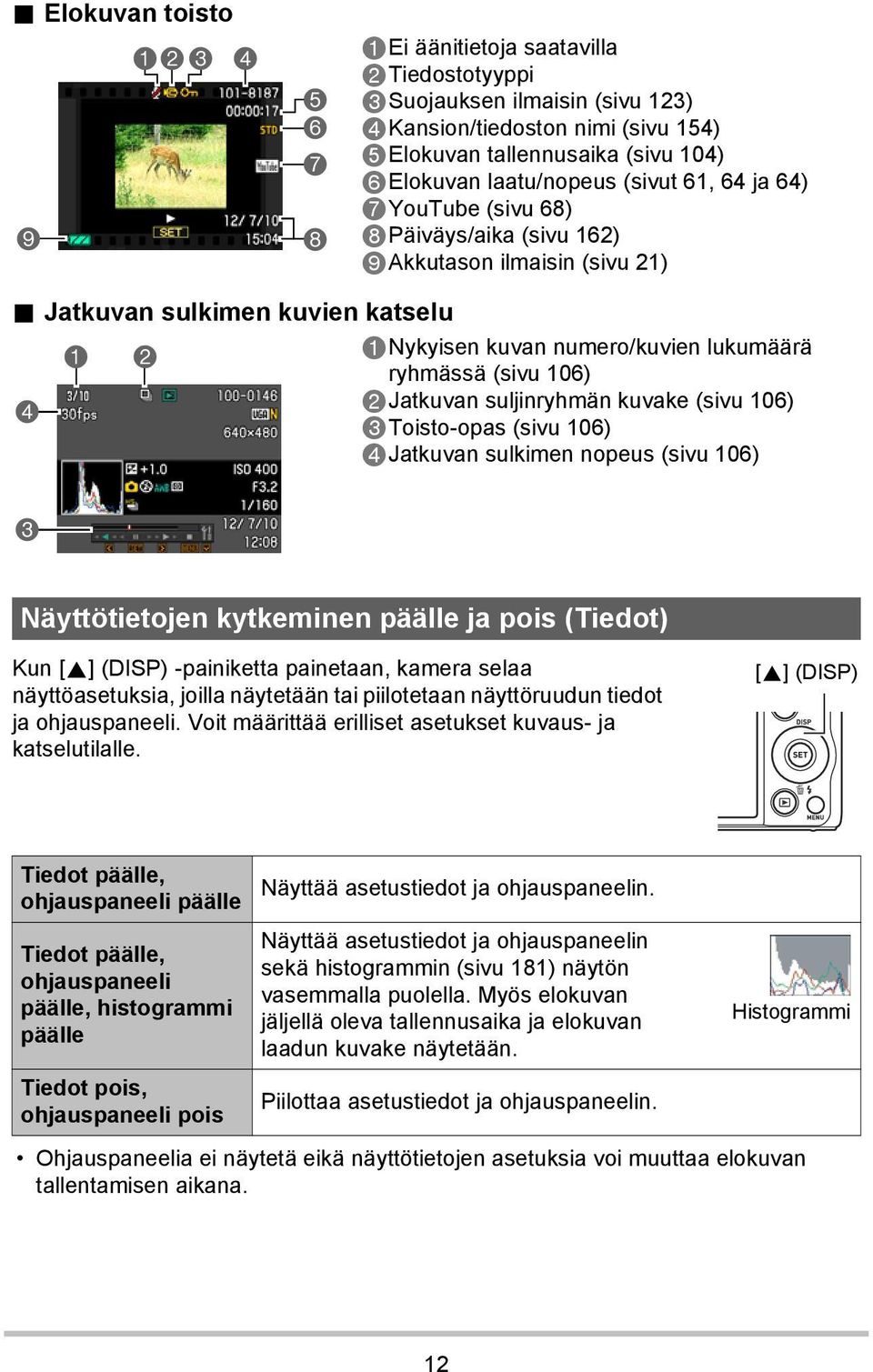 Jatkuvan sulkimen kuvien katselu 1Nykyisen kuvan numero/kuvien lukumäärä 1 2 ryhmässä (sivu 106) 2Jatkuvan suljinryhmän kuvake (sivu 106) 4 3Toisto-opas (sivu 106) 4Jatkuvan sulkimen nopeus (sivu