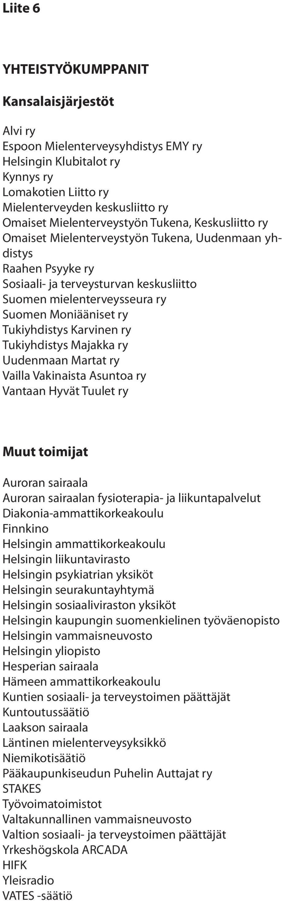 ry Tukiyhdistys Karvinen ry Tukiyhdistys Majakka ry Uudenmaan Martat ry Vailla Vakinaista Asuntoa ry Vantaan Hyvät Tuulet ry Muut toimijat Auroran sairaala Auroran sairaalan fysioterapia- ja