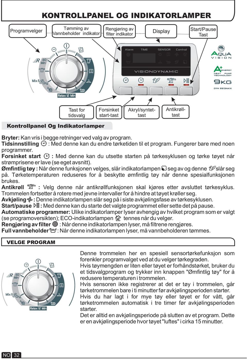 Fungerer bare med noen programmer. Forsinket start : Med denne kan du utsette starten på tørkesyklusen og tørke tøyet når strømprisene er lave (se eget avsnitt).