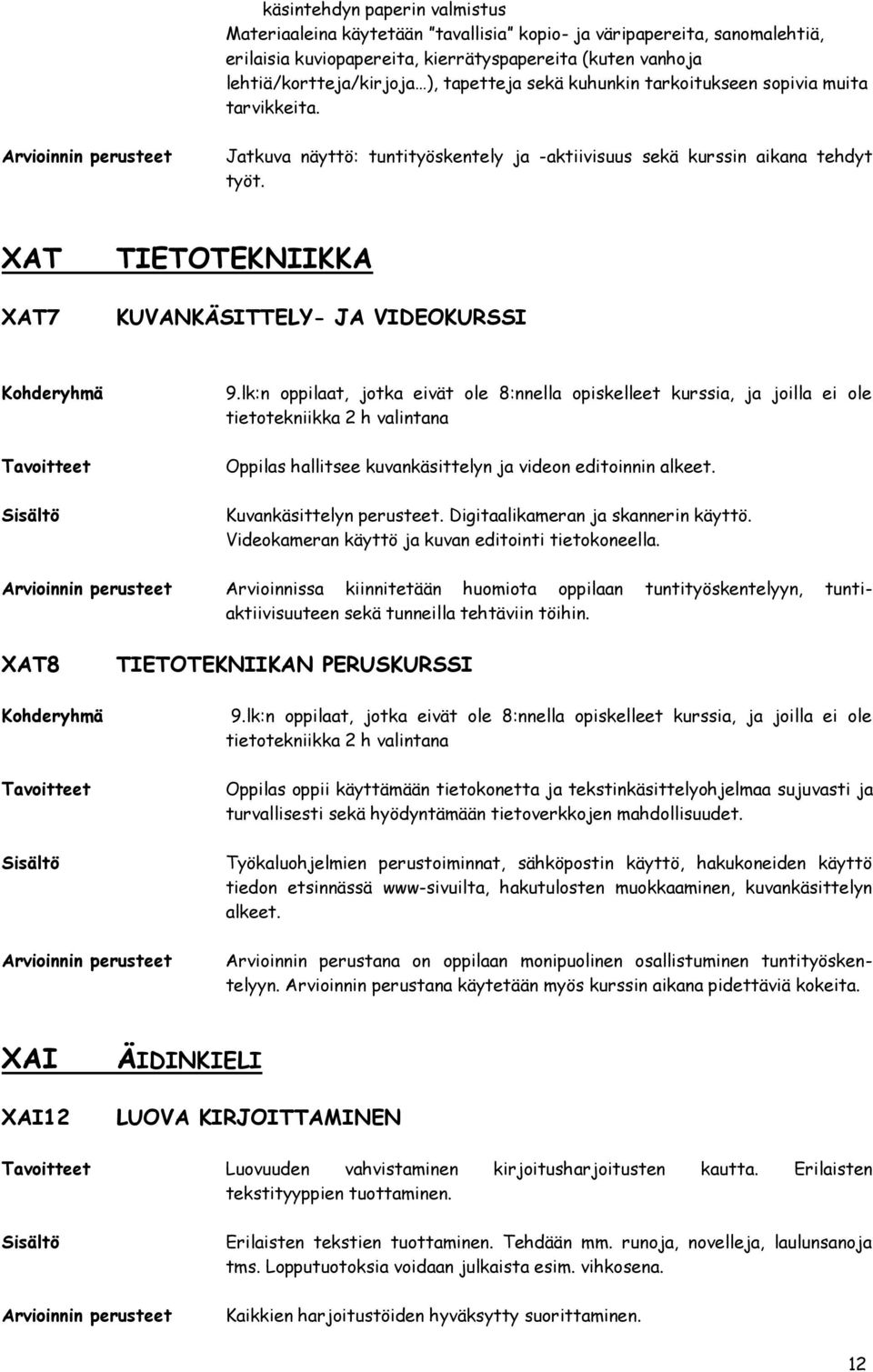 lk:n ppilaat, jtka eivät le 8:nnella piskelleet kurssia, ja jilla ei le tiettekniikka 2 h valintana Oppilas hallitsee kuvankäsittelyn ja viden editinnin alkeet. Kuvankäsittelyn perusteet.