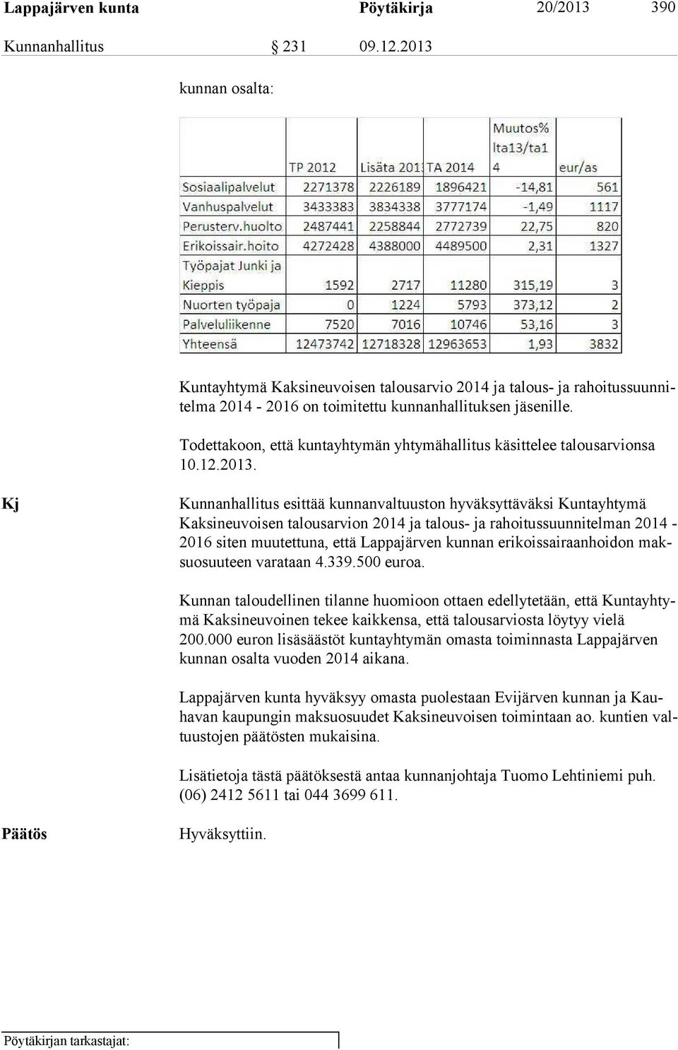 Todettakoon, että kuntayhtymän yhtymähallitus käsittelee talousarvionsa 10.12.2013.