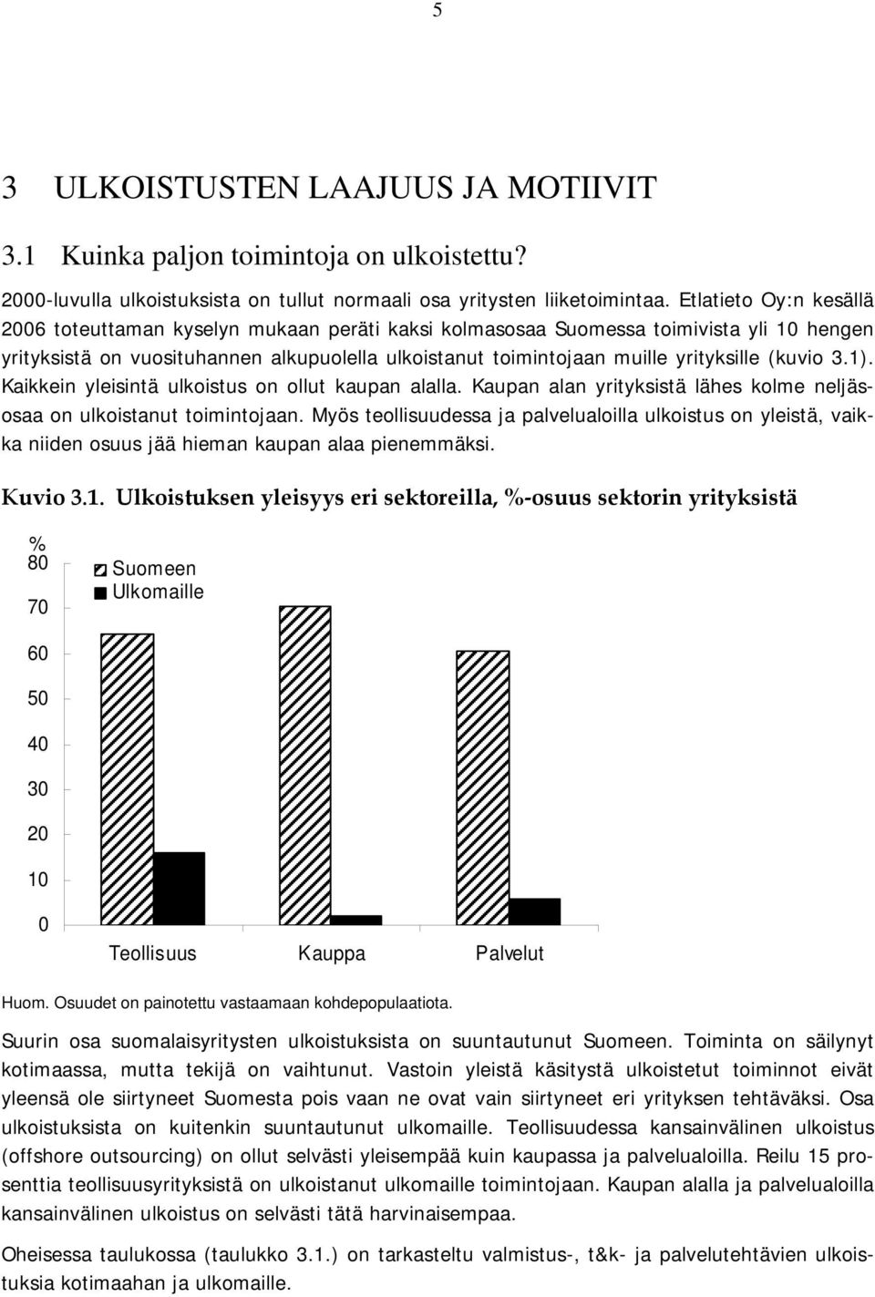 (kuvio 3.1). Kaikkein yleisintä ulkoistus on ollut kaupan alalla. Kaupan alan yrityksistä lähes kolme neljäsosaa on ulkoistanut toimintojaan.