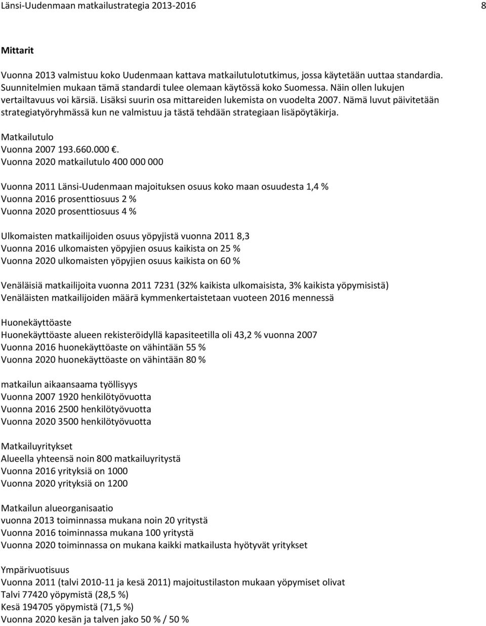 Nämä luvut päivitetään strategiatyöryhmässä kun ne valmistuu ja tästä tehdään strategiaan lisäpöytäkirja. Matkailutulo Vuonna 2007 193.660.000.