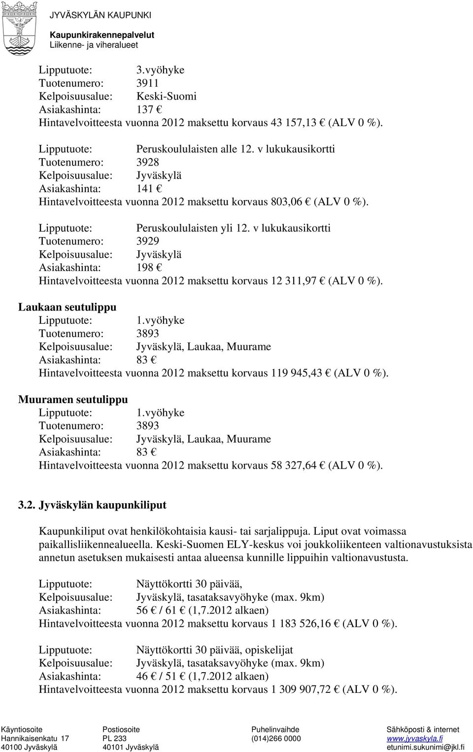 v lukukausikortti Tuotenumero: 3929 Kelpoisuusalue: Jyväskylä Asiakashinta: 198 Hintavelvoitteesta vuonna 2012 maksettu korvaus 12 311,97 (ALV 0 %). Laukaan seutulippu Lipputuote: 1.