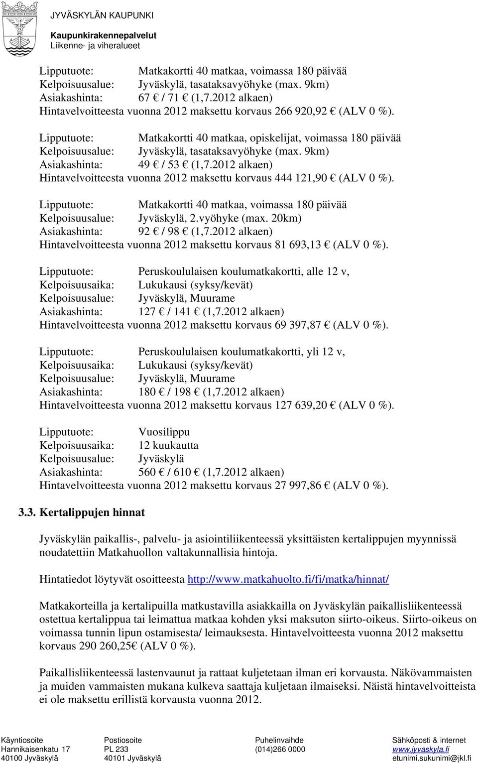 9km) Asiakashinta: 49 / 53 (1,7.2012 alkaen) Hintavelvoitteesta vuonna 2012 maksettu korvaus 444 121,90 (ALV 0 %). Lipputuote: Matkakortti 40 matkaa, voimassa 180 päivää Kelpoisuusalue: Jyväskylä, 2.