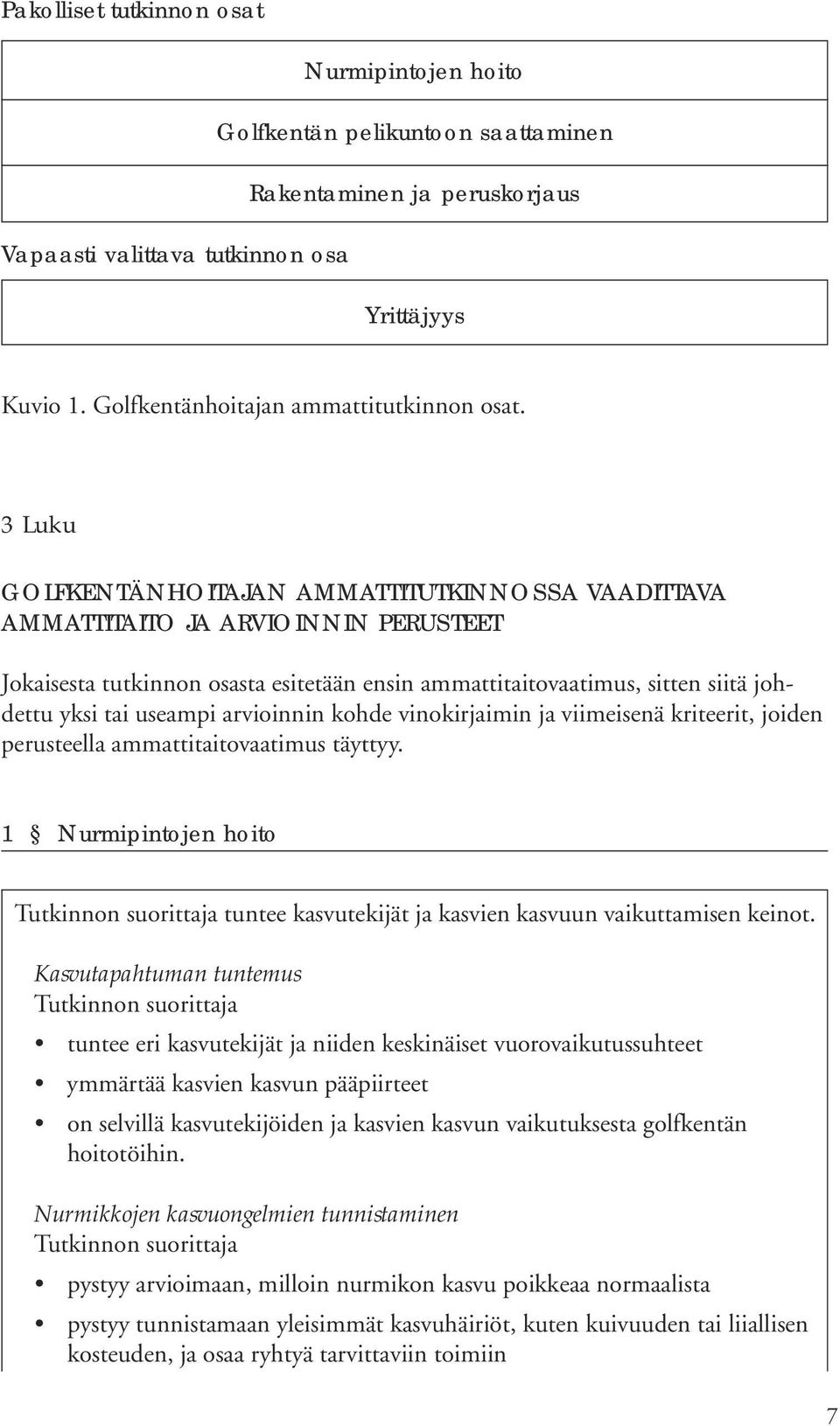 3 Luku GOLFKENTÄNHOITAJAN AMMATTITUTKINNOSSA VAADITTAVA AMMATTITAITO JA ARVIOINNIN PERUSTEET Jokaisesta tutkinnon osasta esitetään ensin ammattitaitovaatimus, sitten siitä johdettu yksi tai useampi